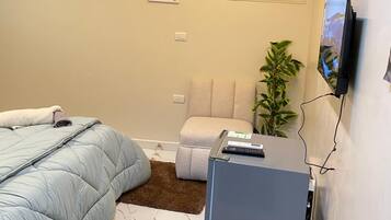 Un dormitorio con una cama, un escritorio pequeño, una silla, una planta y un televisor montado en la pared.