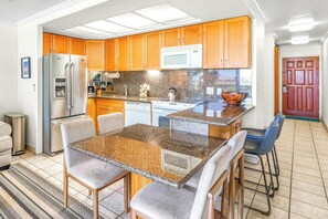 Fridge, microwave, oven, stovetop - Waiohuli Beach Hale A-103 Ocean Front Complex, Ocean View, Steps to the Beach (Kihei)
