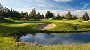Un campo da golf con uno stagno, alberi e cielo sereno.