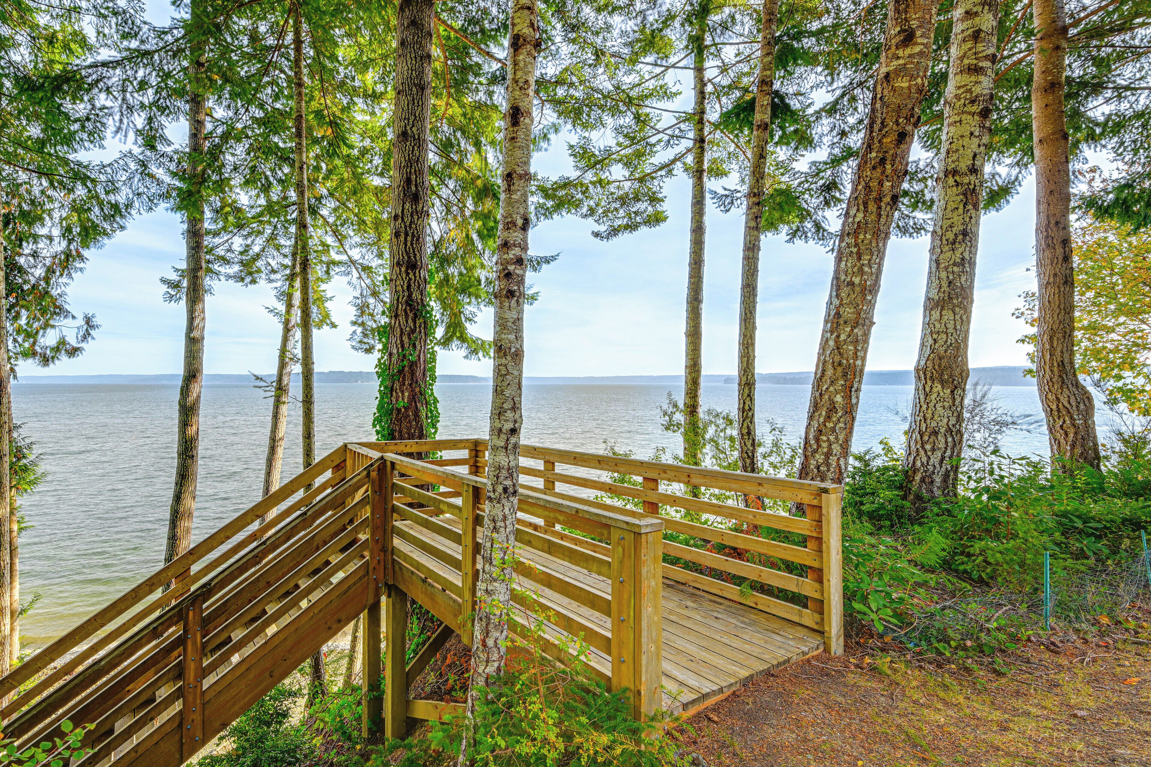 A wooden deck leading to a lakeside area with tall trees and a view of the water.