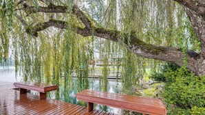 Una terraza de madera con bancos, un sauce llorón y un cuerpo de agua.