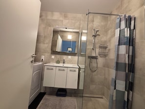 Shower, hair dryer, towels, toilet paper