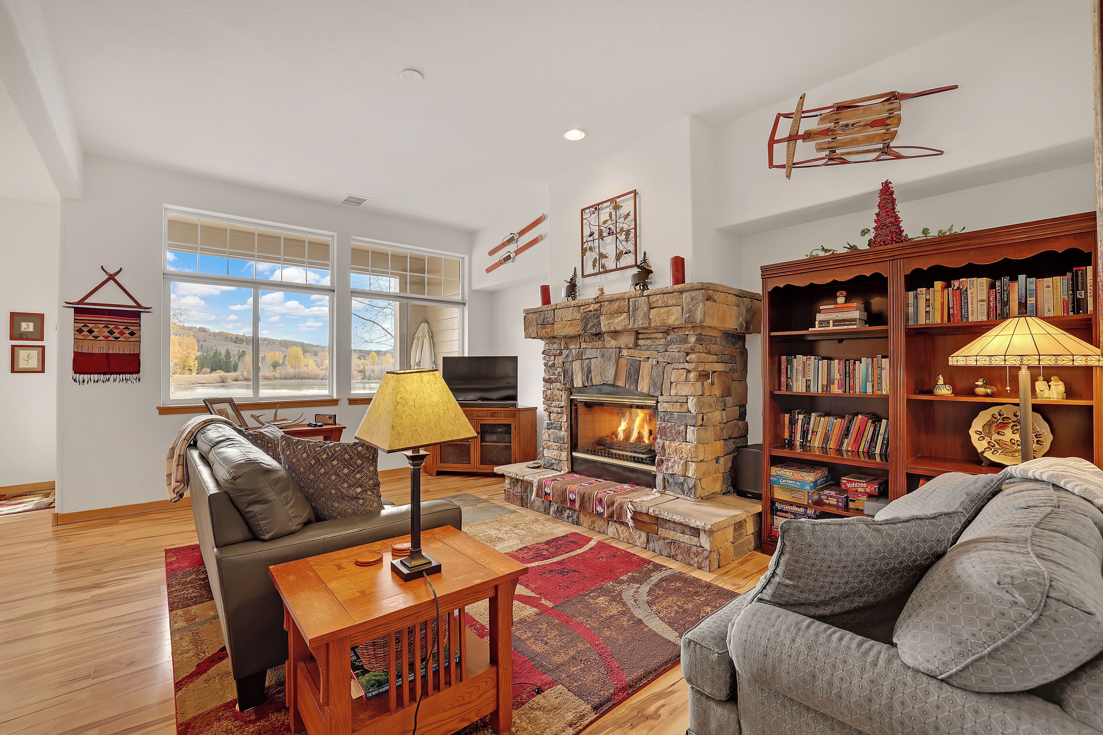 TV, fireplace