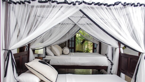 A bedroom with two beds, a canopy bed, and a view of greenery outside.
