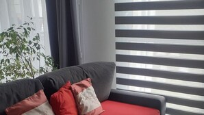 Un salon moderne avec un canapé gris, des coussins rouges et un tapis gris à longues mèches.
