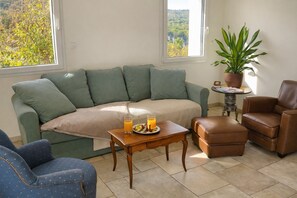 A living room with a green sofa, a brown leather chair, a small wooden table with drinks, and a potted plant. - Farm cottage in Gap, calm and rejuvenating (Gap)