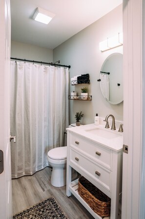 Hair dryer, towels, soap, shampoo