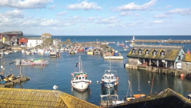 A harbor with boats docked, a lighthouse, and buildings along the waterfront. - The Pilchard Press, The Pilchard Press on Harbourside in Mevagissey Village with FREE Parking (Saint Austell)