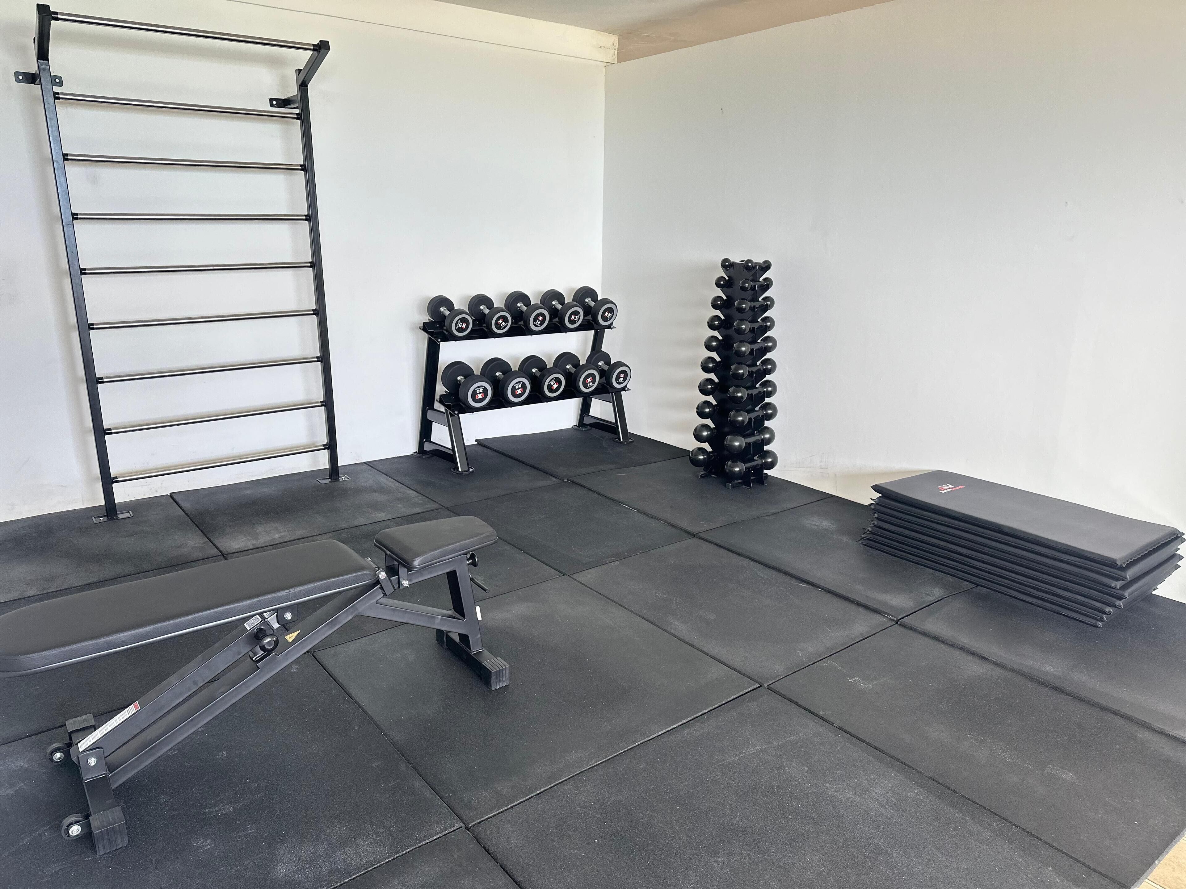 A gym with a pull-up bar, dumbbells, a bench, and weight plates.