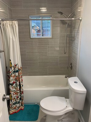 Shower, towels, soap, shampoo