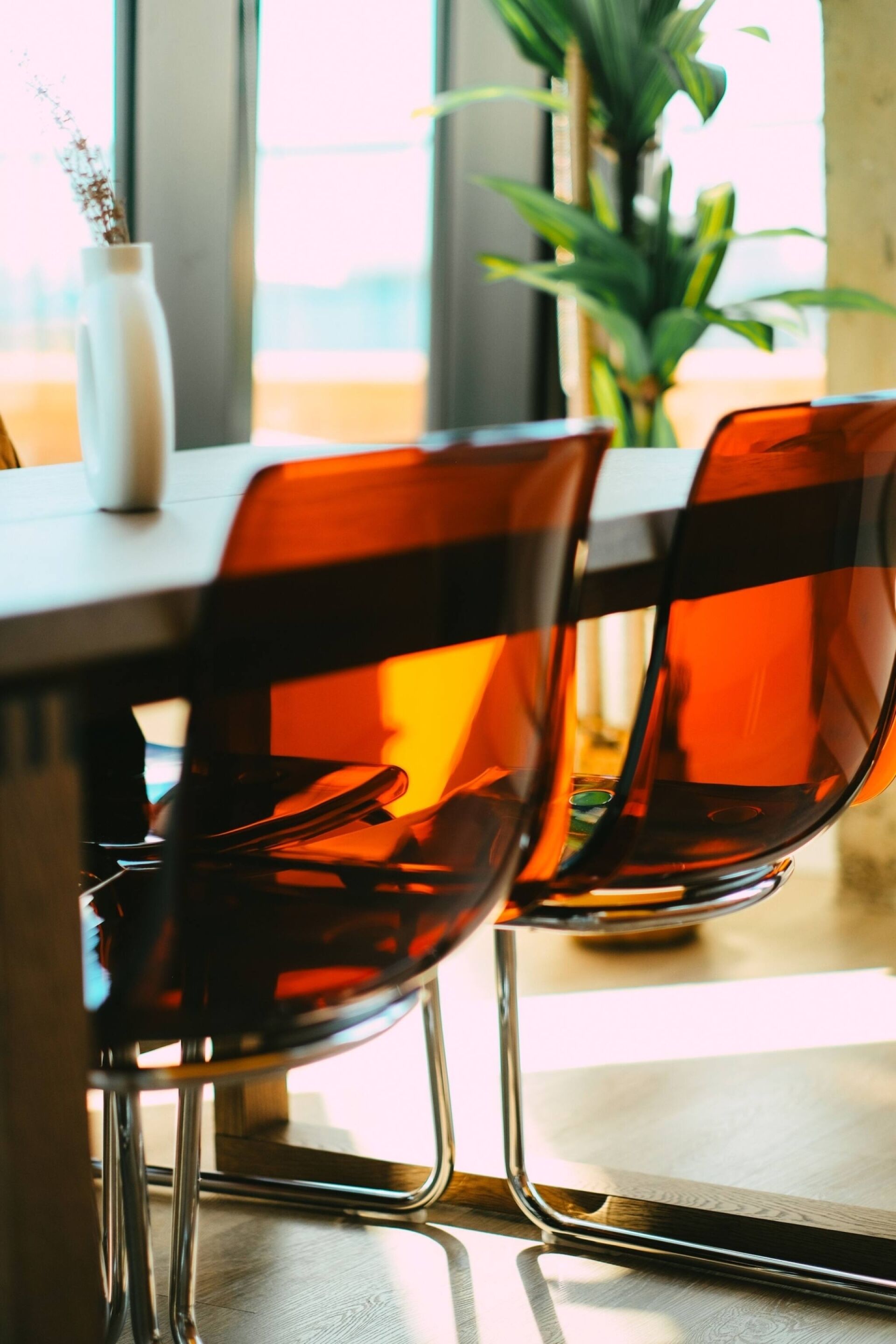 A dining area with a table and chairs, a plant, and a window with a view.