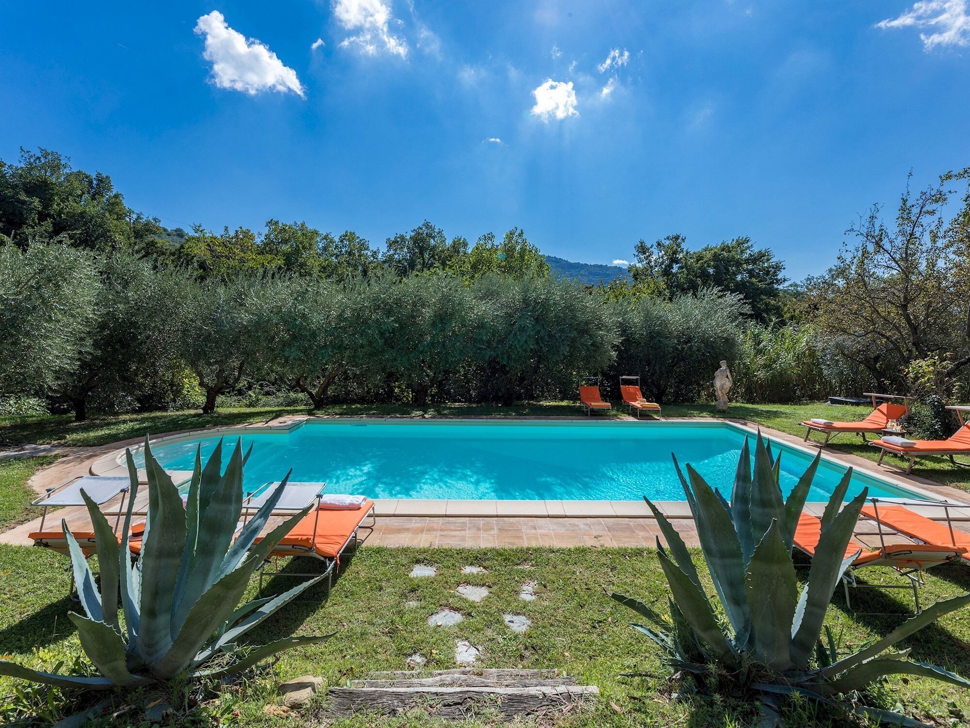 A rectangular swimming pool surrounded by orange lounge chairs and large agave plants, with a lush green landscape and trees in the background.