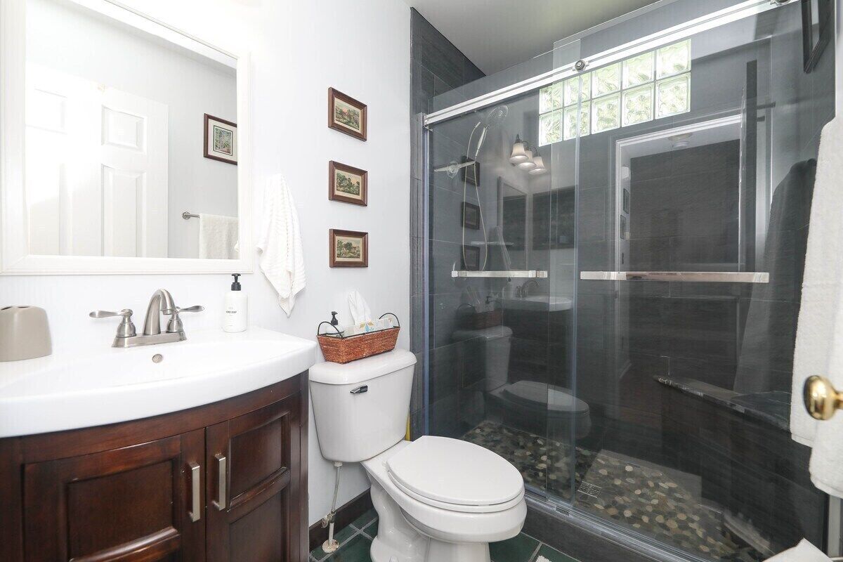 Shower, hair dryer, bidet, towels