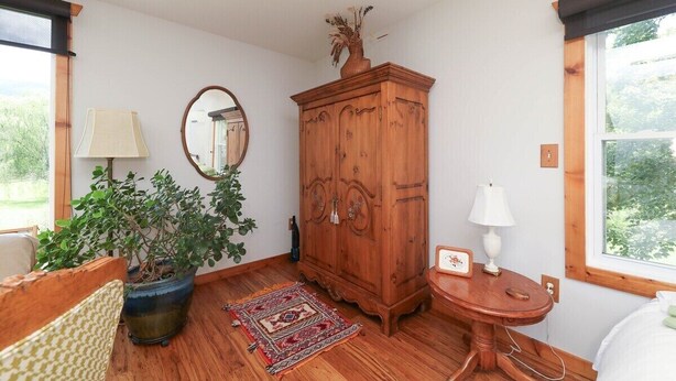 A room with a wooden cabinet, a mirror, a potted plant, a small table with a lamp, and a bed. - Blue Rivers Loft on the Brew Ridge Trail (Afton)