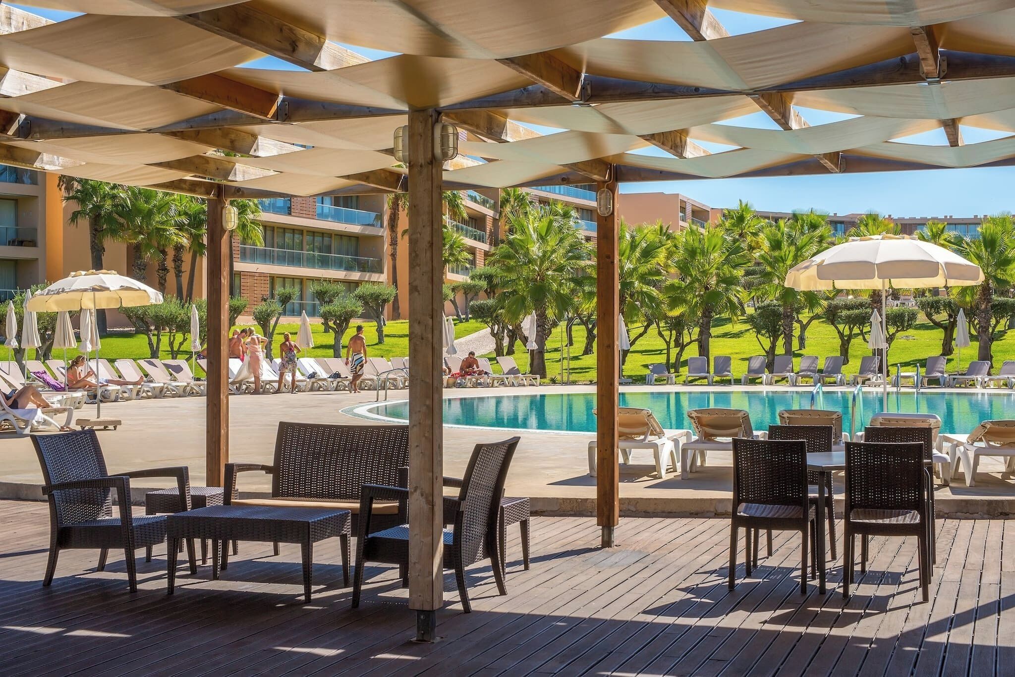 A poolside area with lounge chairs and umbrellas, a pool, and a landscaped garden with palm trees.