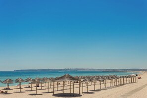 Une plage bordée de rangées de parasols et offrant une vue dégagée sur la mer.