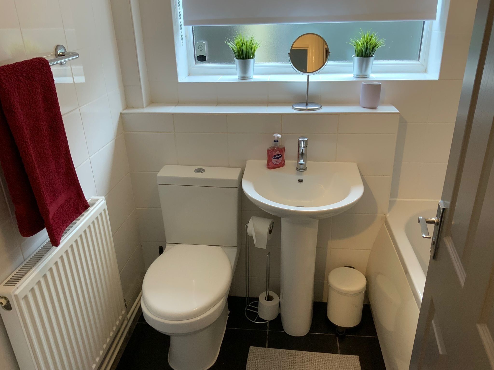 Hair dryer, towels, soap, shampoo
