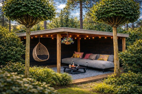 Terrace/patio - StayatSas Pippa, in the middle of the forest, use of swimming pool, by the pond (Doornspijk)