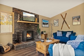 TV, fireplace, foosball, books