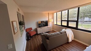 Ett vardagsrum med en soffa, en tv, en lampa och ett fönster med utsikt över träd.