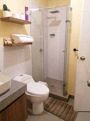 Hair dryer, towels, soap, shampoo