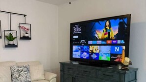 A living room with a television, a sofa, a cabinet, and a ceiling fan. - The Pelican Cove - Guest House  (Tampa)
