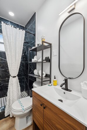 A modern bathroom with a toilet, a white sink, a mirror, and a shower area with a black marble wall.