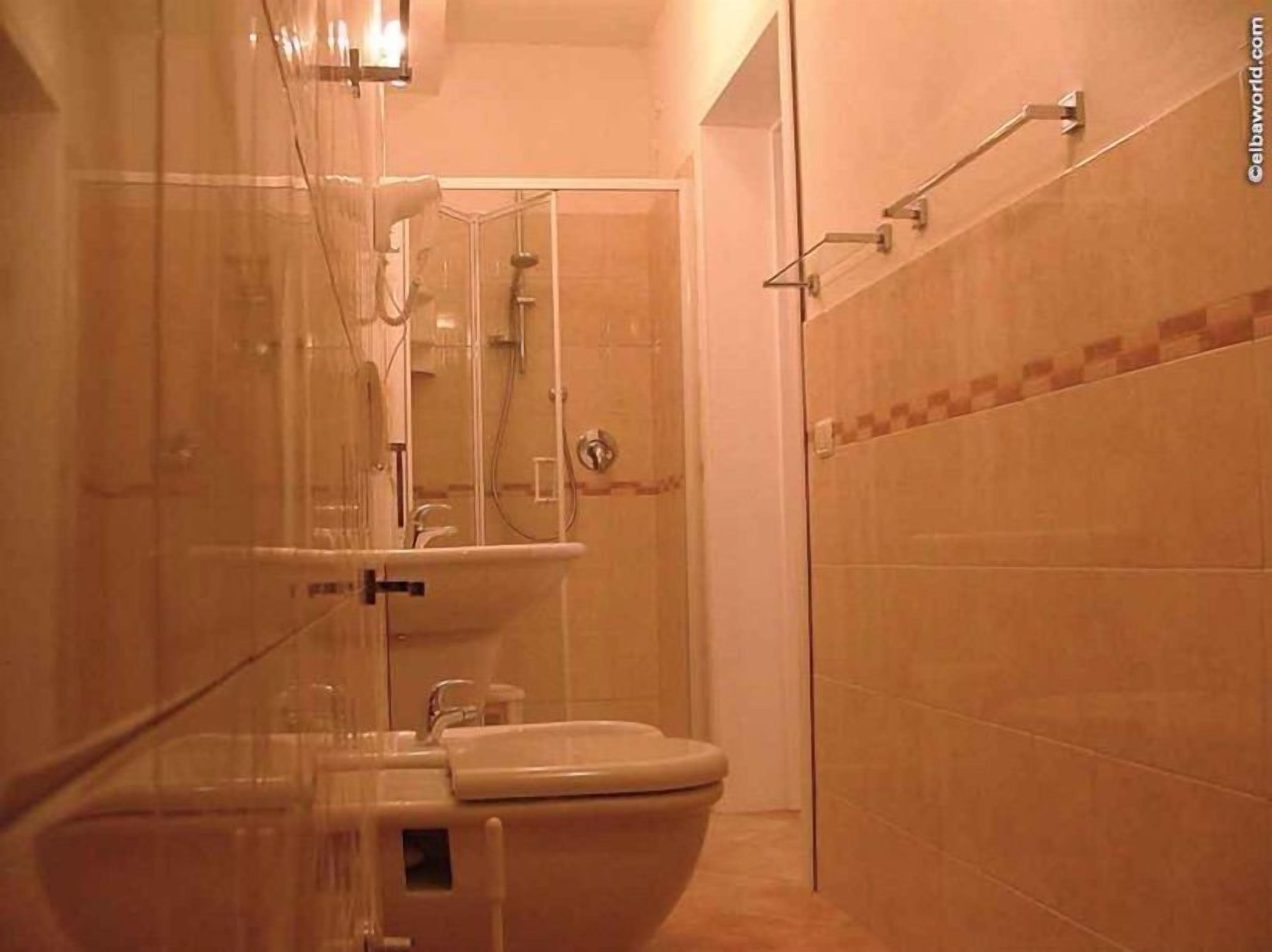 Un bagno con doccia vetrata, un water e un lavandino.