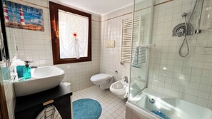 Shower, hair dryer, bidet, towels