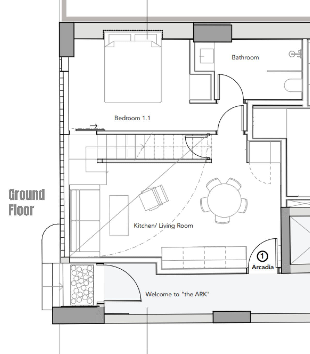 Grundriss eines Hotelzimmers mit Schlafzimmer, Badezimmer, Küche, Wohnzimmer und einem Außenbereich, der 'Arcadia' genannt wird.