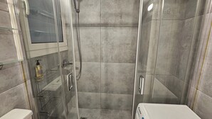 Een douche met een handdouche, een douchecabine met glazen wanden en een toilet met een wit reservoir.
