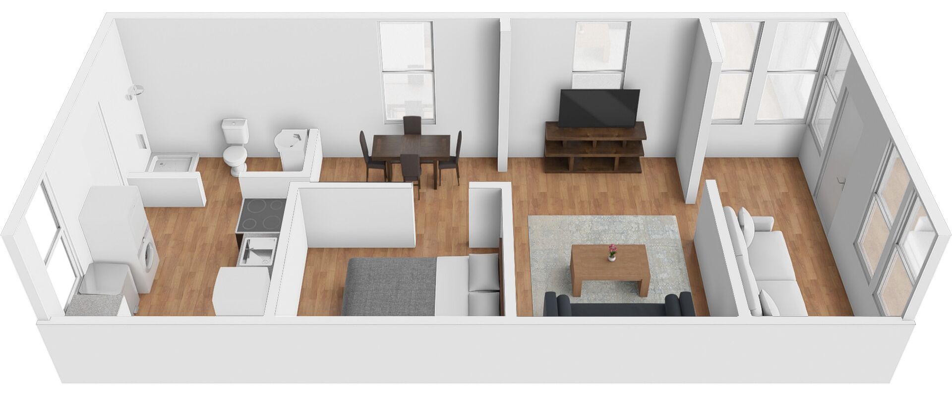 A 2-bedroom apartment with a kitchen, dining area, and a living room with a sofa and coffee table.