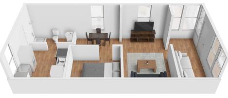 A 2-bedroom apartment with a kitchen, dining area, and a living room with a sofa and coffee table.