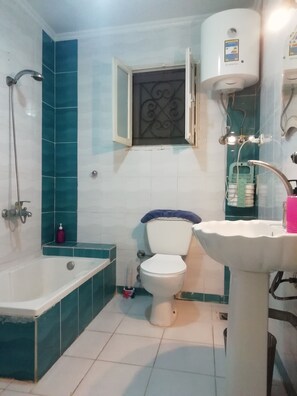 Chuveiro, secador de cabelo, toalhas de banho, sabonete
