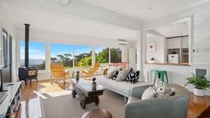 Smart TV, fireplace, books