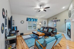 Smart TV, fireplace, video games, DVD player