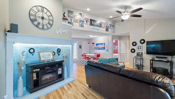 Smart TV, fireplace, video games, DVD player