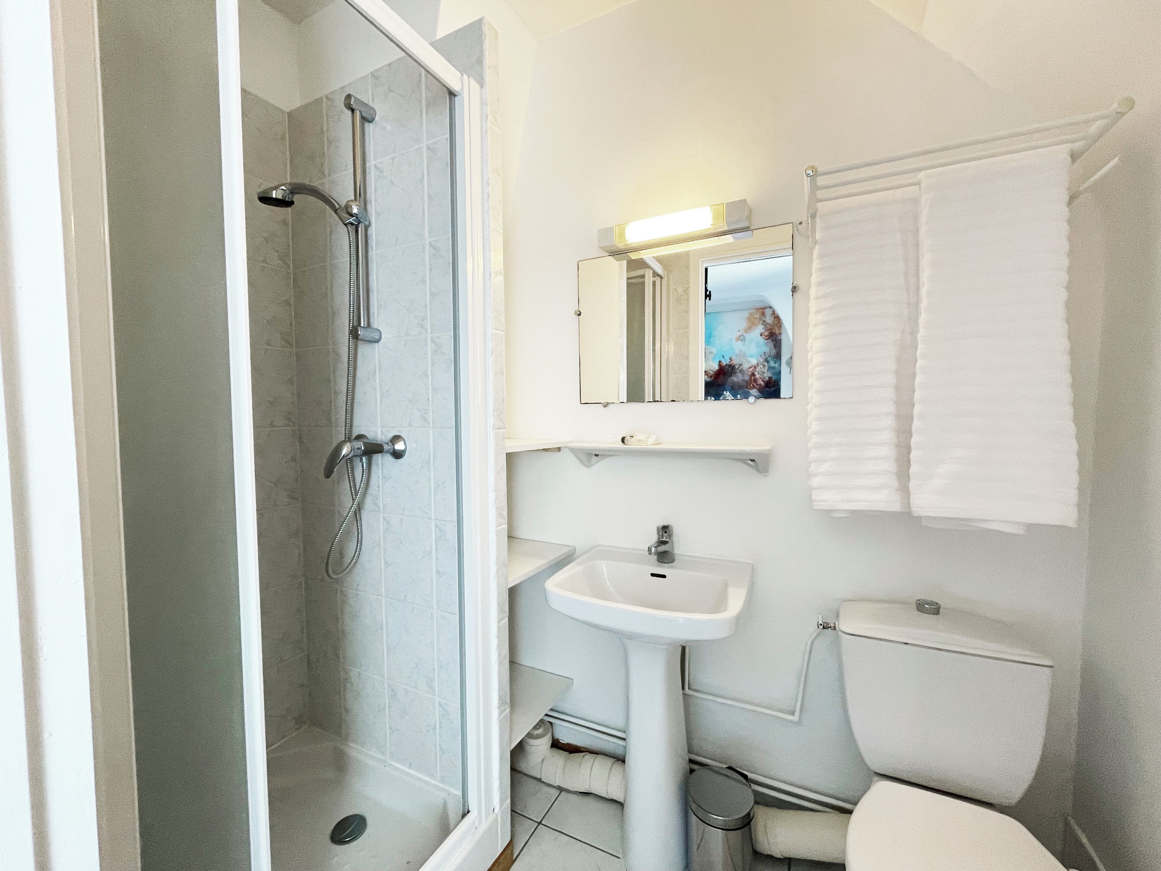 Une salle de bain avec une douche à parois de verre, un lavabo sur colonne, des toilettes et un miroir auquel est accrochée une serviette.