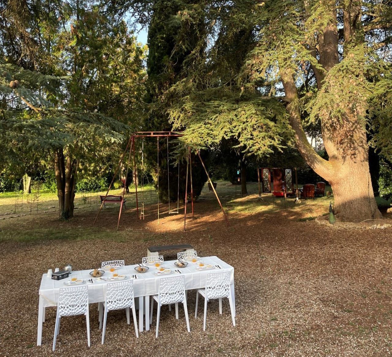 Un'area pranzo all'aperto con un tavolo imbandito per quattro persone, circondata da alberi e un'altalena.