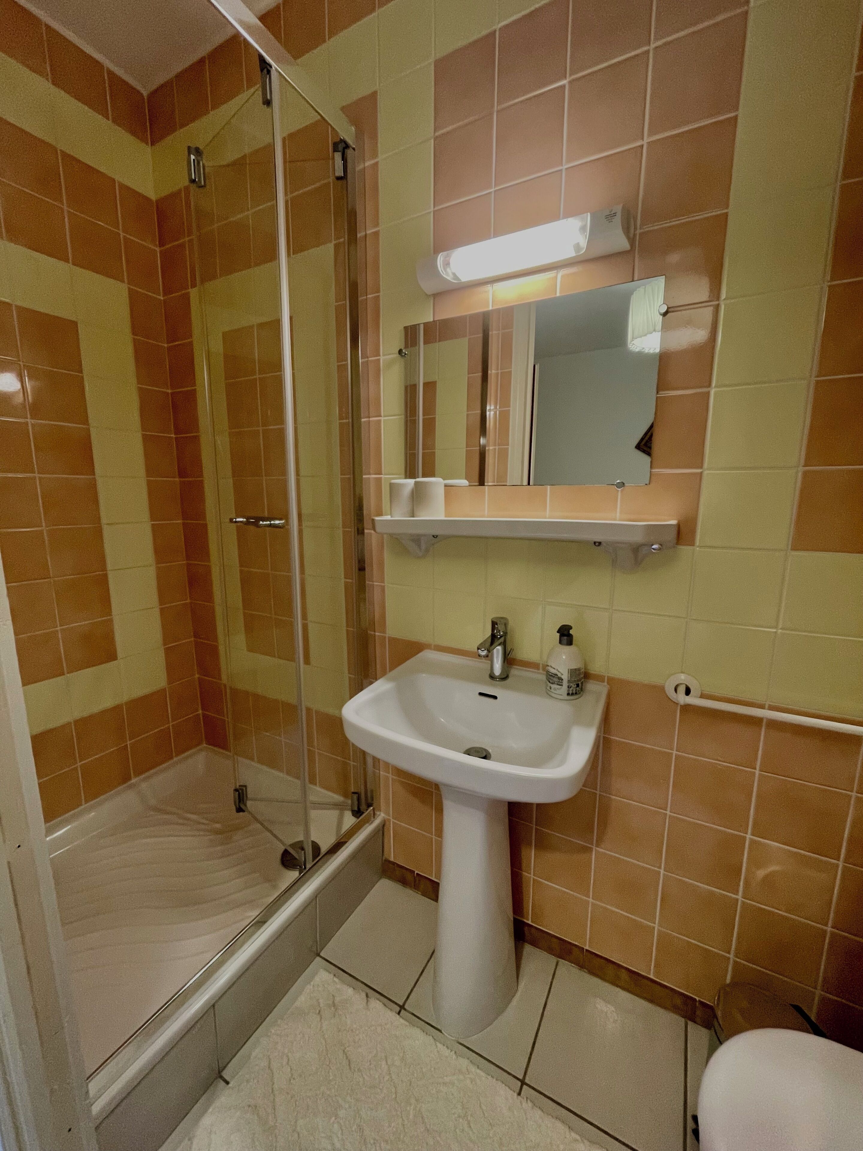 Un baño con ducha, lavabo e inodoro.