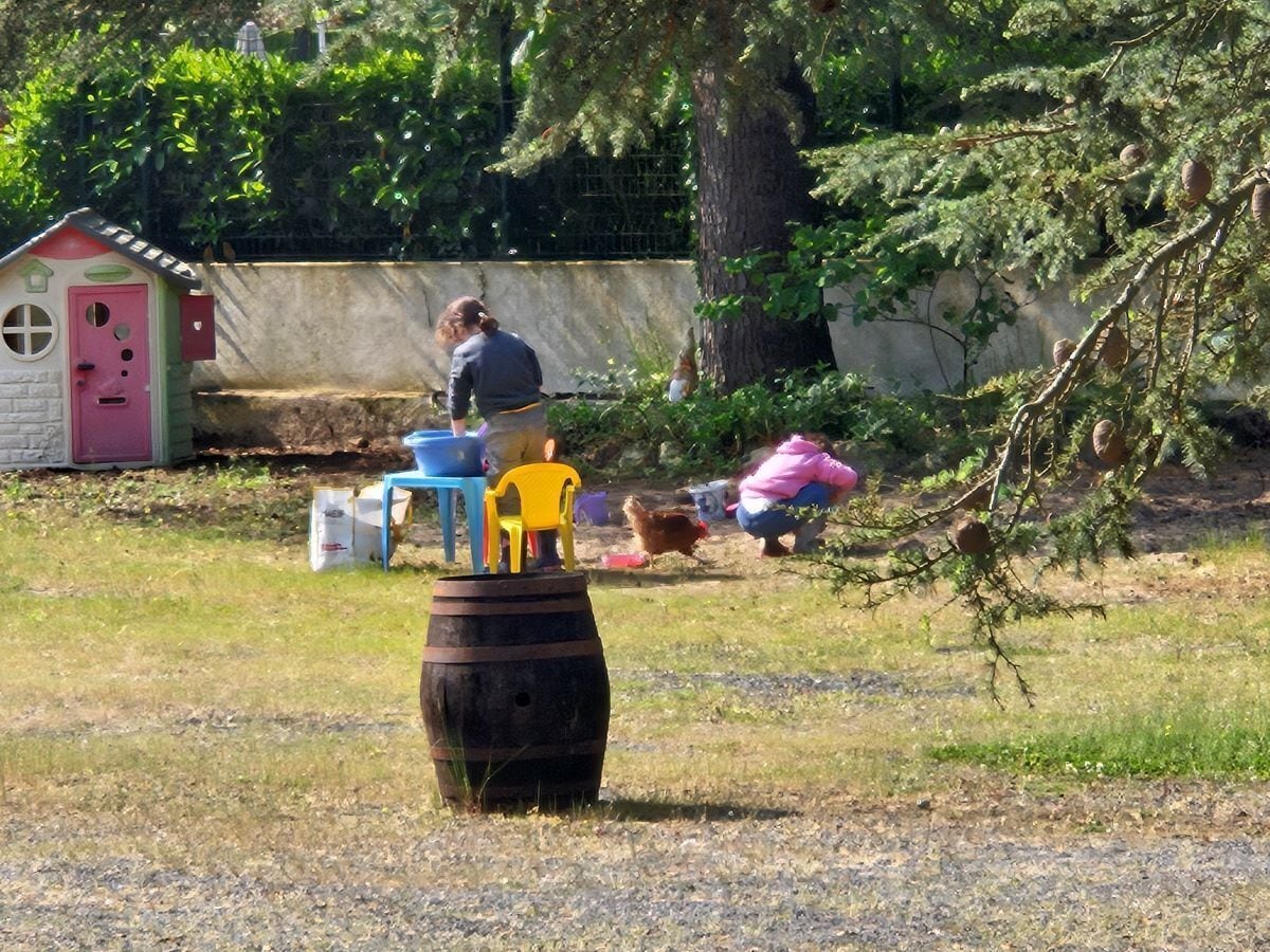 Un entorno rústico al aire libre con un barril de madera, una caseta pequeña rosa y una persona cuidando gallinas.
