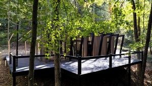 A wooden deck with a glass enclosure, surrounded by trees in a forest setting. - Fauna Bluff, A cliffside 2-bedroom modern cottage overlooking a bubbling stream. (Loudonville)