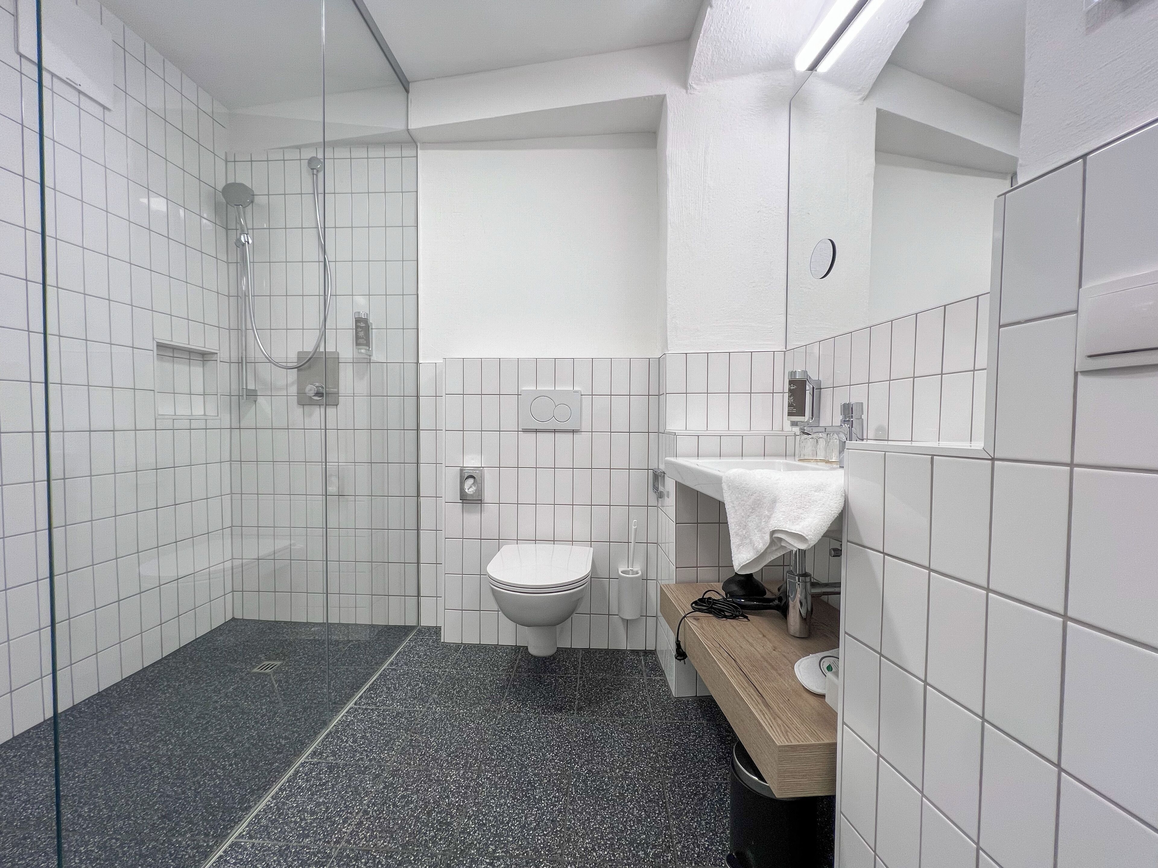 Un baño moderno con ducha, inodoro y lavamanos.