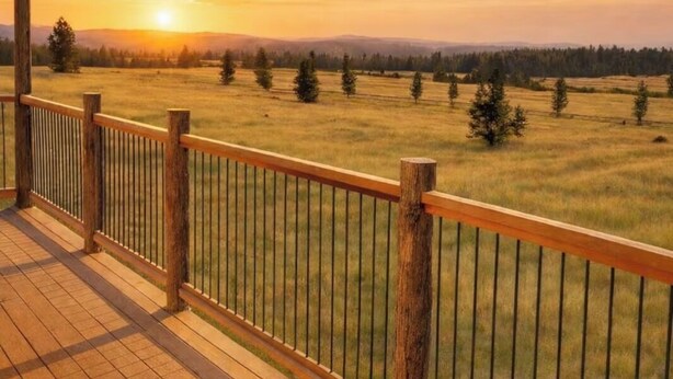 Una terraza de madera con barandilla metálica que da a un campo de césped al atardecer.