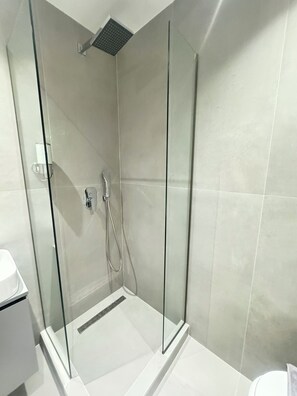 Ducha, secador de pelo, toallas, jabón