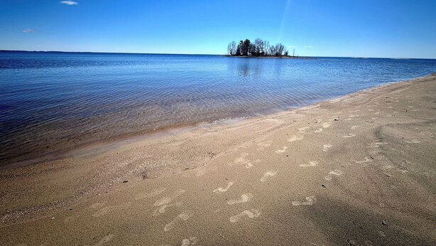 A beach with clear water, a sandy shore, and a distant tree line. - Auberge Eldo Inn (Blind River)
