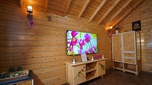 A wooden interior with a wooden cabinet, a television, and a wooden ladder.