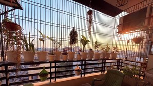 Varanda com vasos de plantas, uma mesa e duas cadeiras.