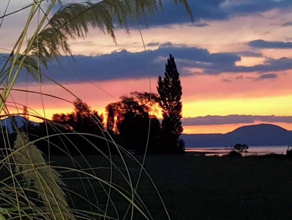 Un atardecer sobre un cuerpo de agua, con árboles silueteados contra el cielo.