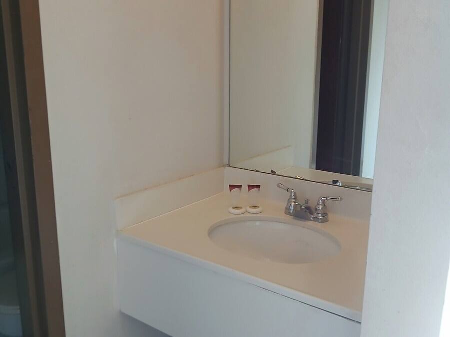 Un baño con un lavabo blanco, un espejo y dos botellas de jabón.